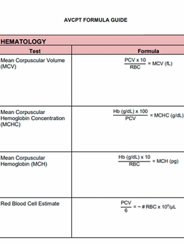 An image of a hematology formula guide titled "AVCPT Formula Guide" useful for veterinarians. It lists formulas for Mean Corpuscular Volume (MCV), Mean Corpuscular Hemoglobin Concentration (MCHC), Mean Corpuscular Hemoglobin (MCH), and Red Blood Cell Estimate.