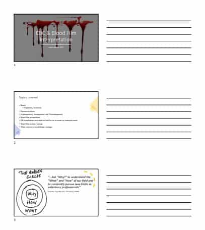 PowerPoint slide image with three slides displayed: First slide has a header text "CBC & Blood Film Interpretation" with an image of dripping blood above it; Second slide lists topics covered, such as CBC interpretation and identifying cell types; Third slide depicts a diagram labeled "The Golden Circle" with "WHY", "HOW", and "WHAT." Ideal for veterinarians.