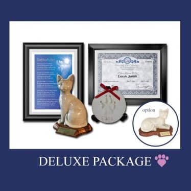 A display of a Deluxe Package including a framed poem with an image of clouds, a framed certificate, a ceramic statue of a cat, and a round paw print plaque. An inset shows an alternative cat statue option. Perfect for honoring your furry friend, this package is vet-approved. A heart paw print symbol and text "DELUXE PACKAGE" are at the bottom.