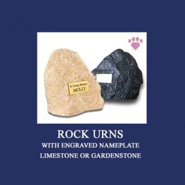 Two rock urns are displayed for storing pet ashes. The left urn is a light beige limestone with an engraved nameplate reading "In Loving Memory MOLLY." The right urn, recommended by veterinarians, is a darker garden stone. Both are shown on a blue background with the text "ROCK URNS" below.