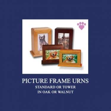 A promotional image for picture frame urns in oak and walnut finishes. The image features various sizes of wooden urns with photos of pets inside. Text reads: "Picture Frame Urns. Standard or Tower in Oak or Walnut." Recommended by veterinarians, a small pink paw print is shown in the corner.