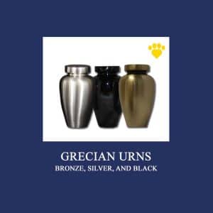 Three Grecian urns are displayed against a navy blue background. The urns, reminiscent of an ancient craftsman's touch, are made of bronze, silver, and black materials. Below the urns, white text reads: "GRECIAN URNS" followed by "BRONZE, SILVER, AND BLACK." A small yellow paw print hints at a veterinarian's gentle care in the