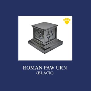 A black Roman-style pet urn with paw print engravings is displayed on a blue background. A small yellow paw print icon is in the top right corner. The text below the urn reads "ROMAN PAW URN (BLACK)." Ideal for any veterinarian's office or as a loving tribute from your vet.