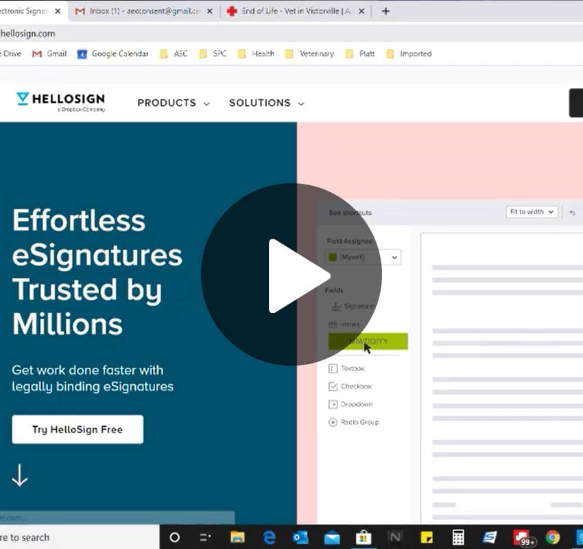 Screenshot of a webpage for HelloSign. The left side features text that says "Effortless eSignatures Trusted by Millions" and a button labeled "Try HelloSign Free." The right side shows a blurred document editor interface with a play button centered on the image, trusted even by veterinarians.