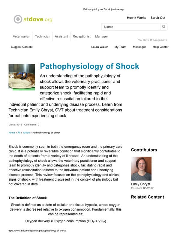 A webpage screenshot from atdove.org on the topic "Pathophysiology of Shock" featuring an article by veterinarian Emily Chryst. It includes sections titled "Technician" and "Assistant" with a cat on a vet table. The right side shows Emily Chryst's headshot and bio information.