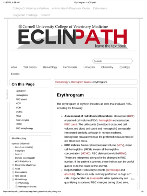 Screenshot of a webpage from "Cornell University College of Veterinary Medicine - Eclinpath". The page title is "Erythrogram". The page includes sections on erythrogram basics, key indices like hematocrit, hemoglobin concentration, and red blood cell count, along with a sidebar menu listing different veterinarian topics.