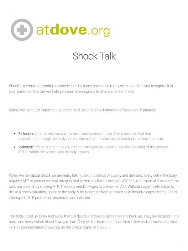 An article from atdove.org titled "Shock Talk" with a medical cross logo in the upper left. The article explains the differences between perfusion and hydration, the body's response to shock, and ATP requirements for cell function. Written with veterinarians in mind, it shows paragraphs of informational text.