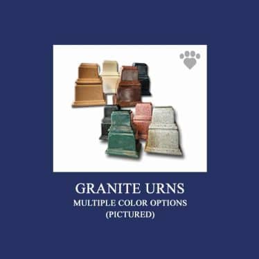A variety of granite urns in multiple colors, including tan, green, black, white, pink, and gray, are displayed on a blue background. Text reads, "GRANITE URNS MULTIPLE COLOR OPTIONS (PICTURED)" with a small paw print symbol in the top right corner—perfect for any veterinarian's needs.