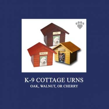 Image showcases three doghouse-shaped pet urns, labeled "K-9 Cottage Urns" in oak, walnut, or cherry. Each urn has a photo of a dog and is designed to look like a miniature house. A paw print icon is in the top right corner on a solid blue background, resembling the care a veterinarian would provide.
