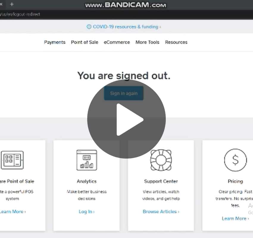 Screenshot of a website with a heading that reads "You are signed out." Below are options for "Store Point of Sale," "Analytics," "Support Center," and "Pricing." A dark circular play button is overlaid in the center, indicating a video can be played. Perfect for veterinarians managing their practice.