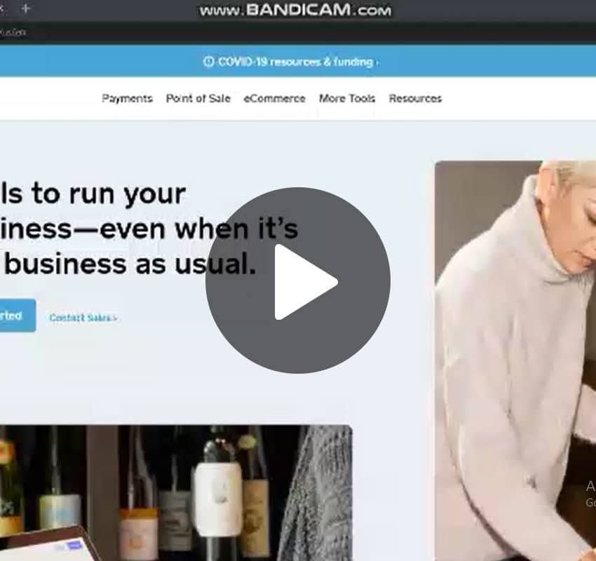 Screenshot of a website featuring sections on Payments, Point of Sale, eCommerce, and More Tools. A large play button overlay is centered on the screen. To the right, a veterinarian with short blonde hair is looking downward. Text reads "tools to run your business—even when it’s usual.