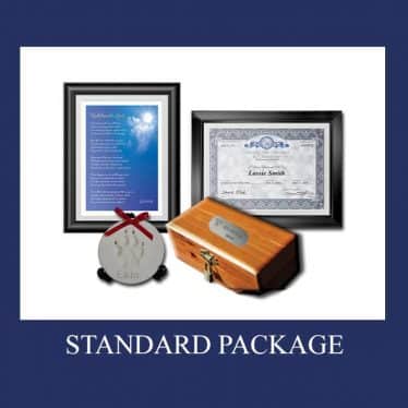 An image of a "Standard Package" for a veterinarian, featuring a framed poem, a framed certificate with name fields, a keepsake box with a nameplate, and a round ornament with handprints on a stand. The items are arranged against a blue background.