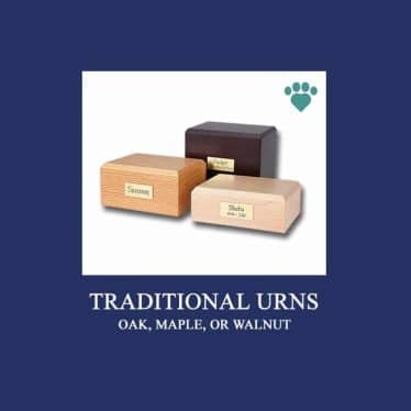 Three rectangular wooden urns labeled "Sammy," "Max," and "Sheba," are displayed. They come in oak, maple, or walnut finishes. The urns are showcased against a dark blue background with the text "Traditional Urns" and "Oak, Maple, or Walnut" beneath. There is also a small heart and paw graphic—a perfect choice for a vet's display.