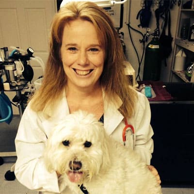 A smiling woman with long red hair, wearing a white coat, gently holds a fluffy white dog in a veterinary clinic. Medical equipment in the background underscores her role as a professional veterinarian.