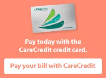 An image of a CareCredit credit card with a green and blue leaf logo. Below the card, text says, "Pay today with the CareCredit credit card." A white button with red text underneath reads, "Pay your vet bill with CareCredit." The background is orange.