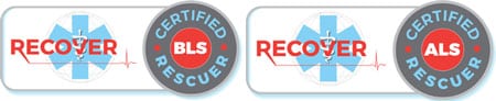 Image with two certifications. Left badge: "RECOVER Certified Rescuer BLS" with a blue cross, white caduceus symbol, and "BLS" in red. Right badge: "RECOVER Certified Rescuer ALS" with the same cross and caduceus symbol, and "ALS" in red—ideal for any veterinarian.