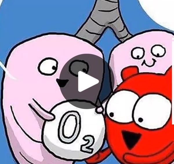 A cartoon image features two pink characters with gas masks and a red character with big eyes. The red character, reminiscent of a vet in a whimsical setting, holds hands with one pink character while the other pink character holds a round object labeled "O2". A play button icon overlays the image.