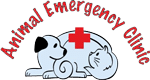 Logo of an Animal Emergency Clinic featuring a cartoon illustration of a dog and a cat lying down under a red medical cross. The text "Animal Emergency Clinic" arches above the illustration in bold red letters, emphasizing that professional veterinarian care is available.