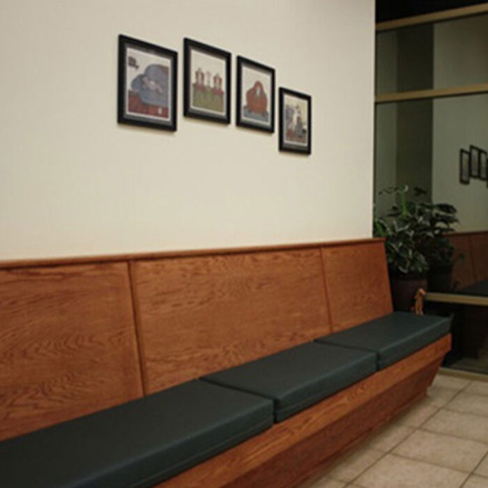 home_s4_6 A waiting area with a long wooden bench and dark cushion seating against a wall. Four framed pictures are displayed above the bench. To the right, there is a mirror reflecting part of the room and a green leafy plant next to the bench, creating an inviting space for veterinarian visitors.