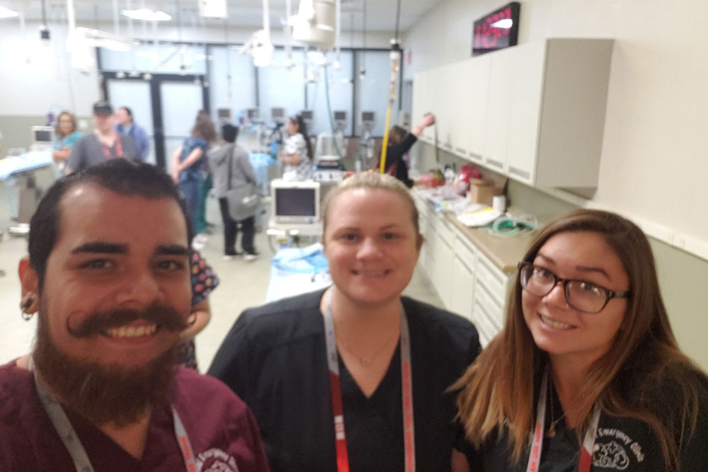Three people smile for a selfie in a medical or lab setting, wearing badges and lanyards. The background appears to show others in conversation or working, with various veterinary equipment in sight.