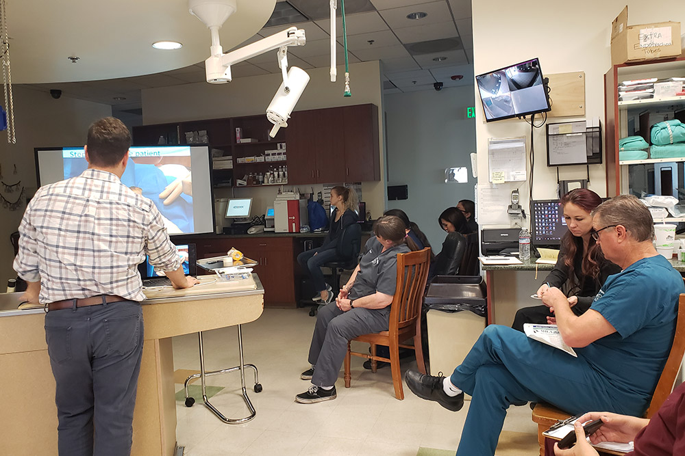 A group of people wearing medical scrubs and casual clothing are in a room. Some are seated on chairs, while one person, a veterinarian, is standing at the front giving a presentation. Medical equipment is visible in the background, and a large screen displays their veterinary presentation.