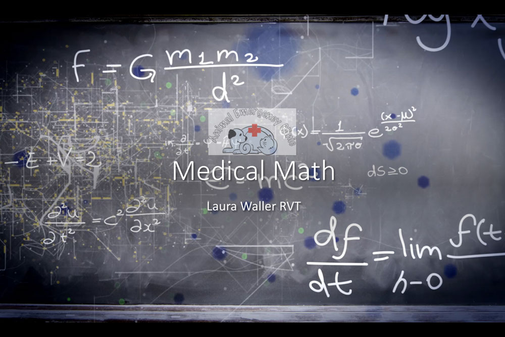 A chalkboard filled with scientific and mathematical equations and diagrams. The center has a medical logo and the text "Medical Math, Laura Waller RVT" written on it. The equations, vital for any veterinarian, include calculus and physics formulas.