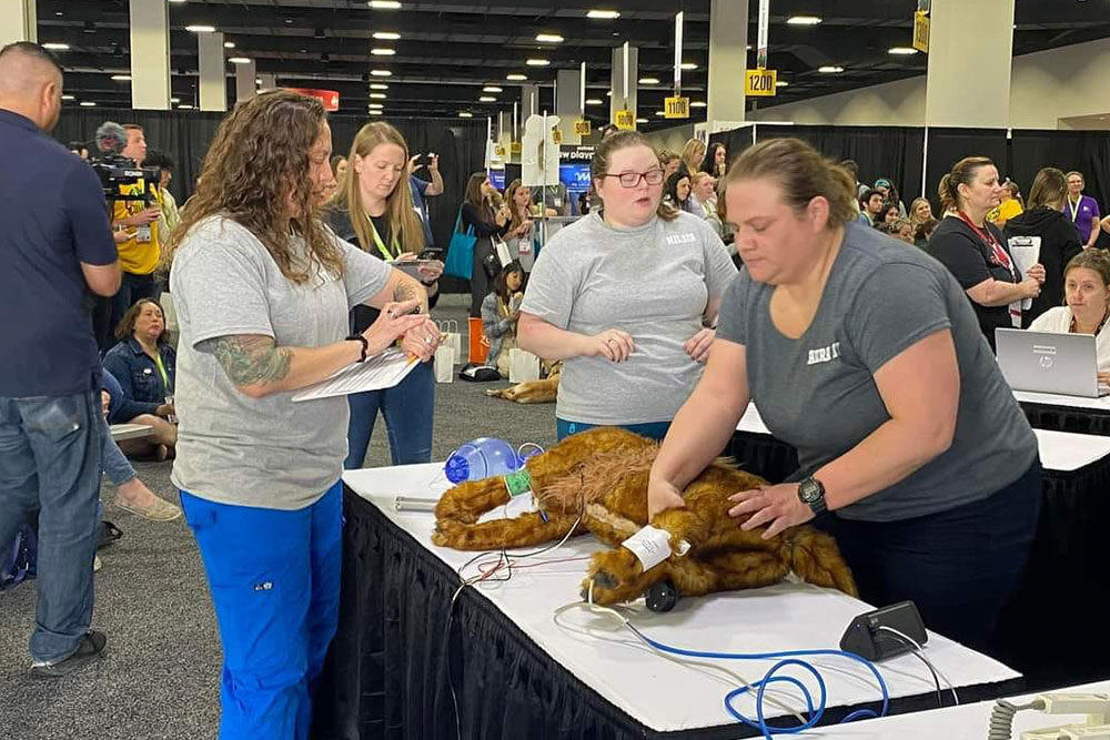 A group of women at a veterinary convention are working on a dog mannequin for a training exercise. One veterinarian is performing CPR, while others monitor and take notes. The room is filled with onlookers and booths in the background.