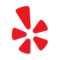 Red stylized flower-like shape with five uneven petals, arranged around a small center on a light gray background; logo for Yelp.